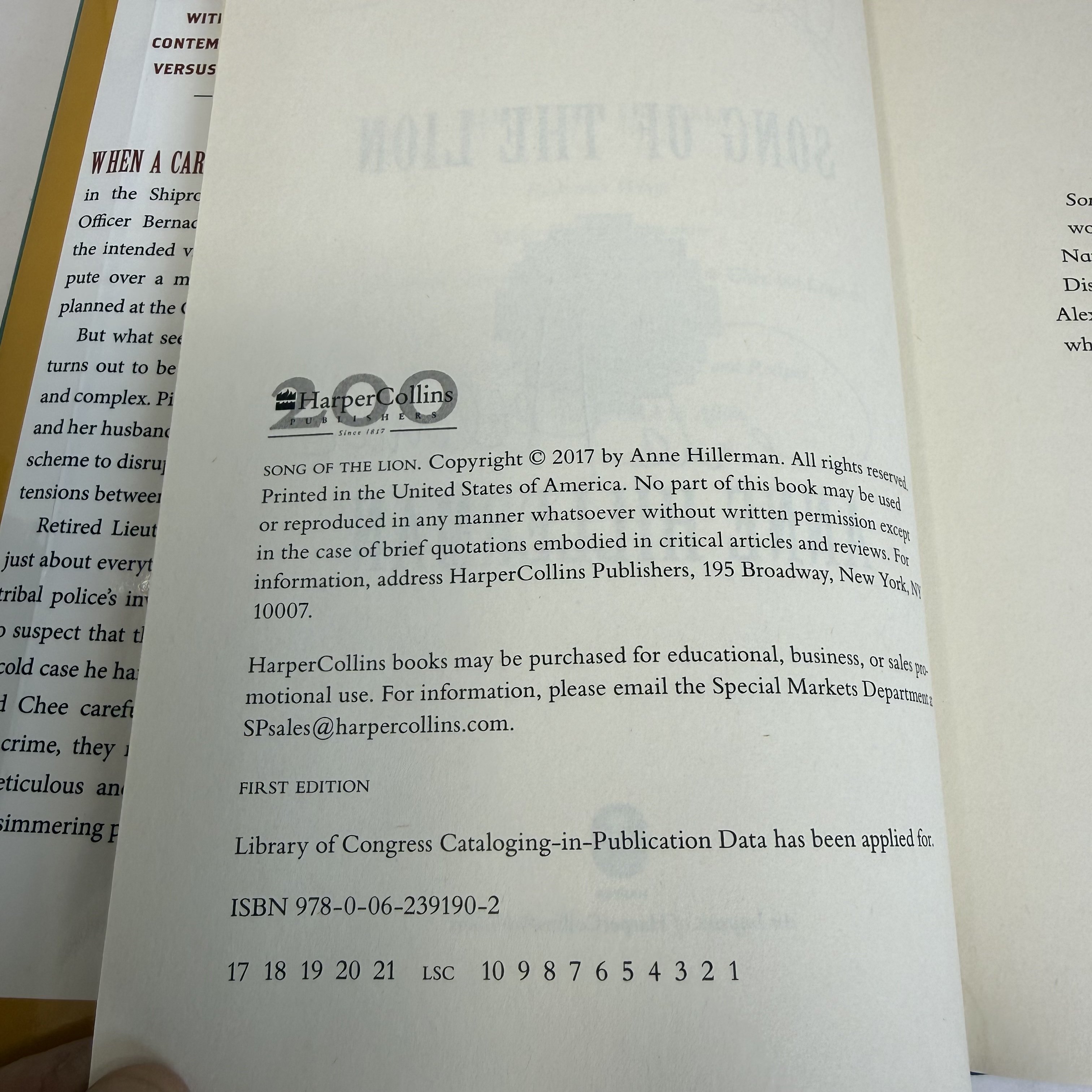 Copyright page of Song of the Lion showing 'FIRST EDITION' statement and number line 17 18 19 20 21 LSC 10 9 8 7 6 5 4 3 2 1, confirming true first printing, HarperCollins 2017