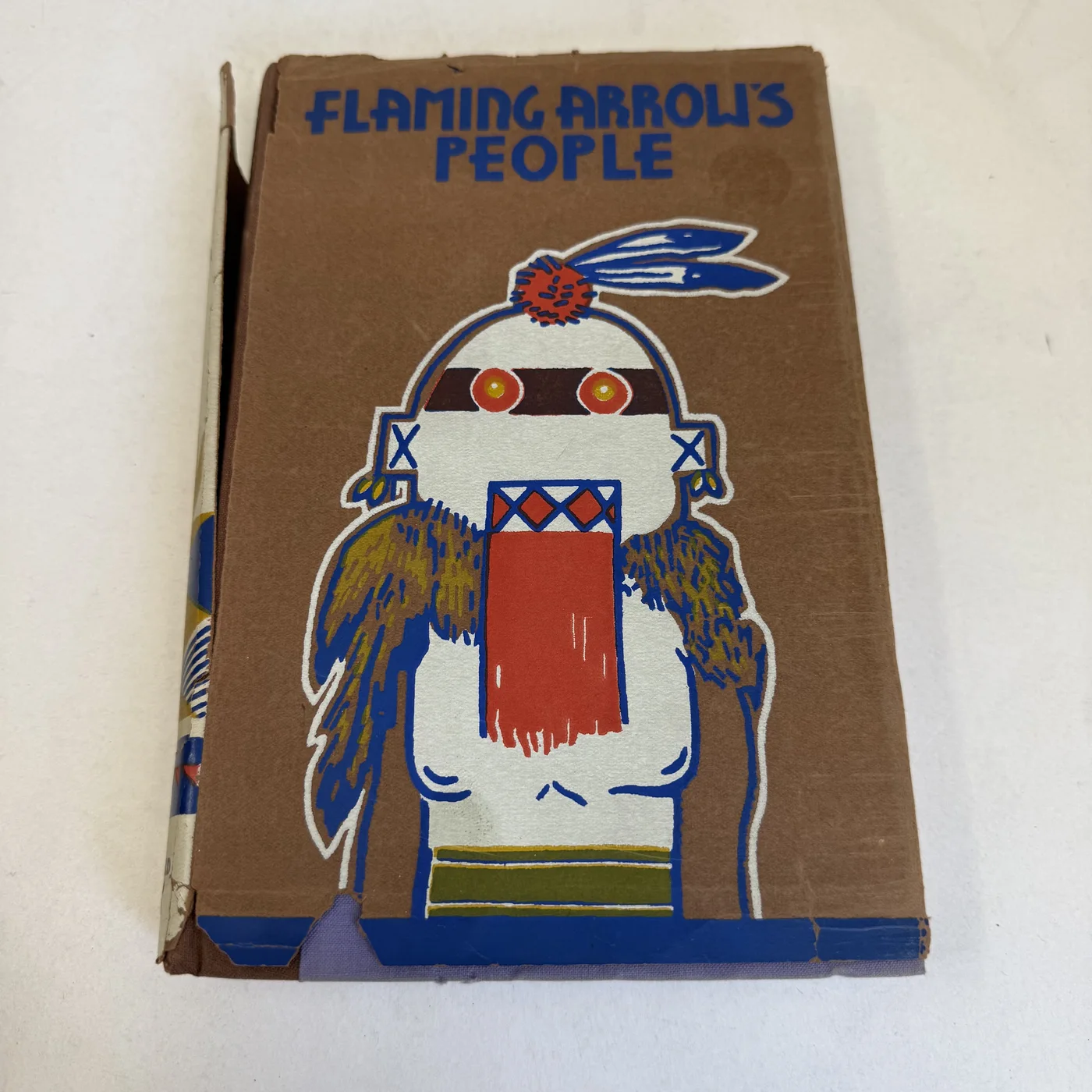 Pictorial dust jacket of Flaming Arrow's People by An Acoma Indian James Paytiamo Duffield and Green 1932 first edition with the author's own dancer design, Gallup trading post association copy