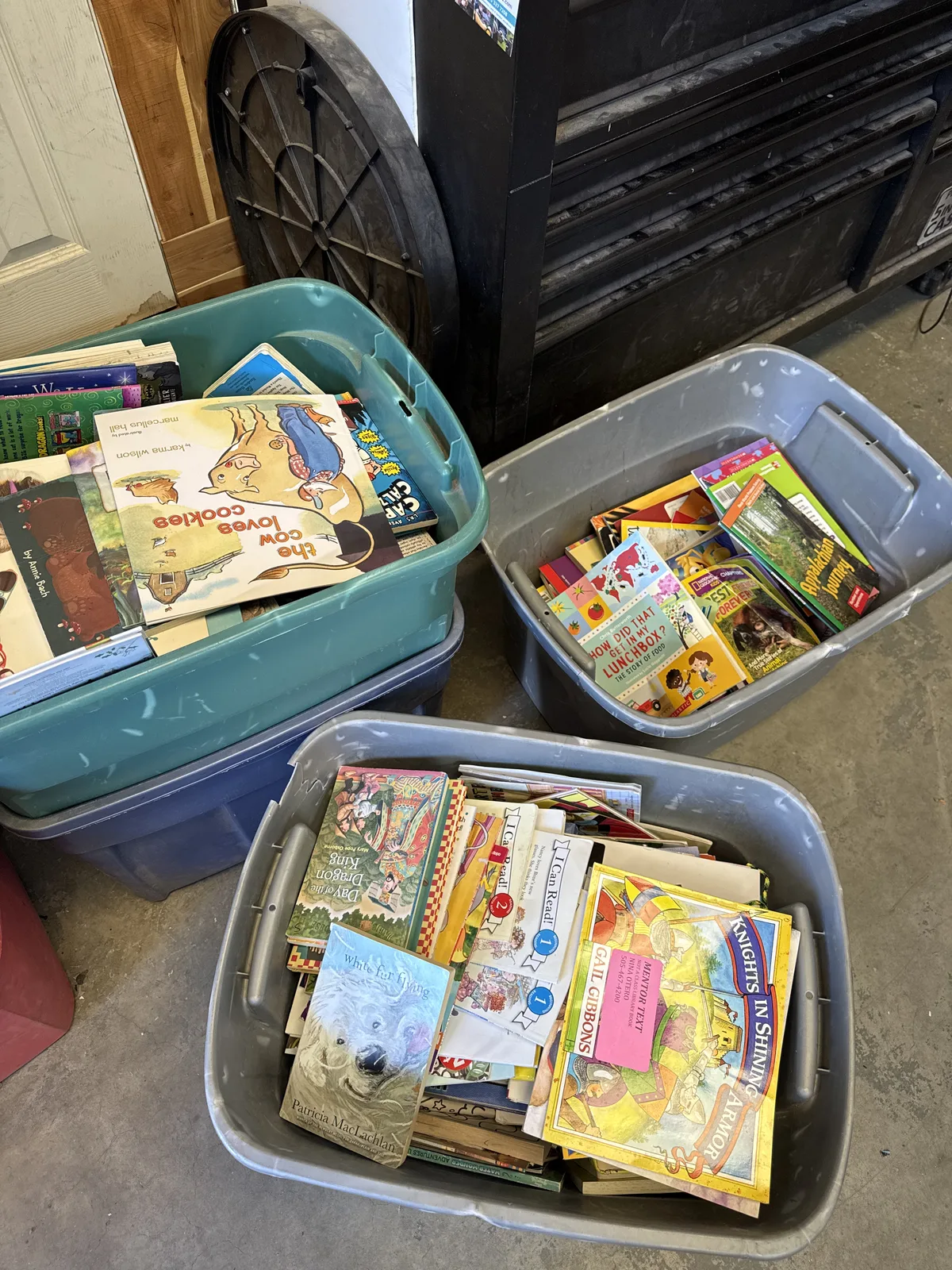 Three plastic storage totes on a garage floor packed level-full with children&rsquo;s picture books, ready for a New Mexico Literacy Project pickup in Albuquerque