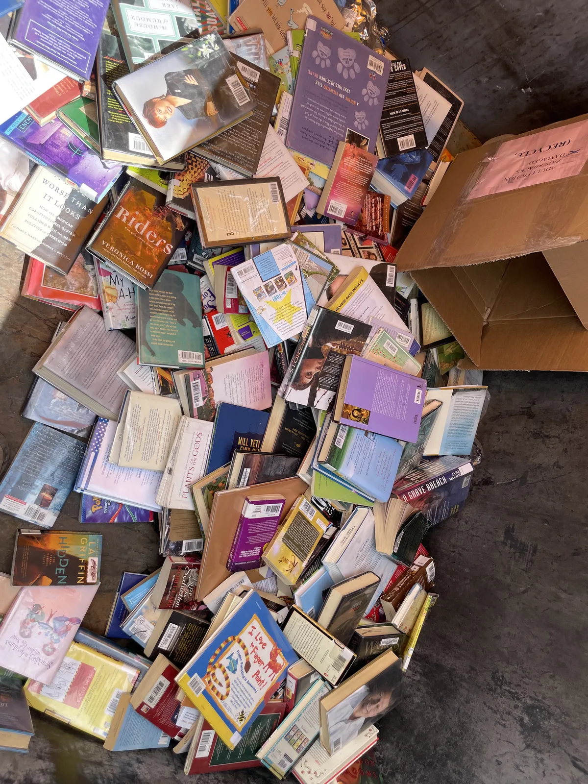 Donated books spilled across a warehouse floor from an overturned carton, mid-sorting, Albuquerque