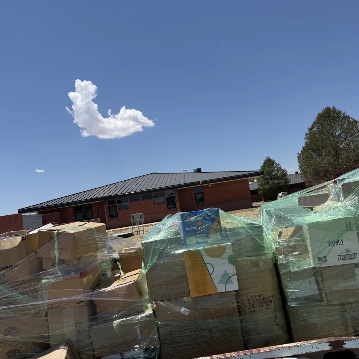 Close-up of plastic-wrapped pallets of donated school books stacked beside an Estancia school building under a wide New Mexico sky, collected free of charge by the New Mexico Literacy Project for institutional book removal. June 2026.