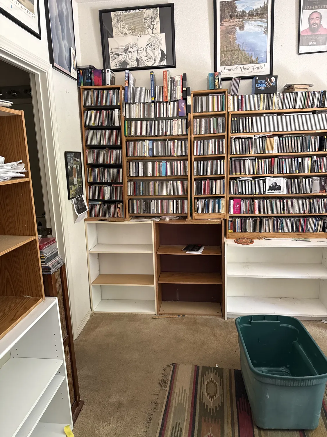 Hundreds of CDs organized on wooden shelves during an Albuquerque estate cleanout by Josh Eldred and the New Mexico Literacy Project — framed artwork on the walls, a Southwestern rug on the floor, and open sorting bins in the foreground showing the room-by-room cataloging process