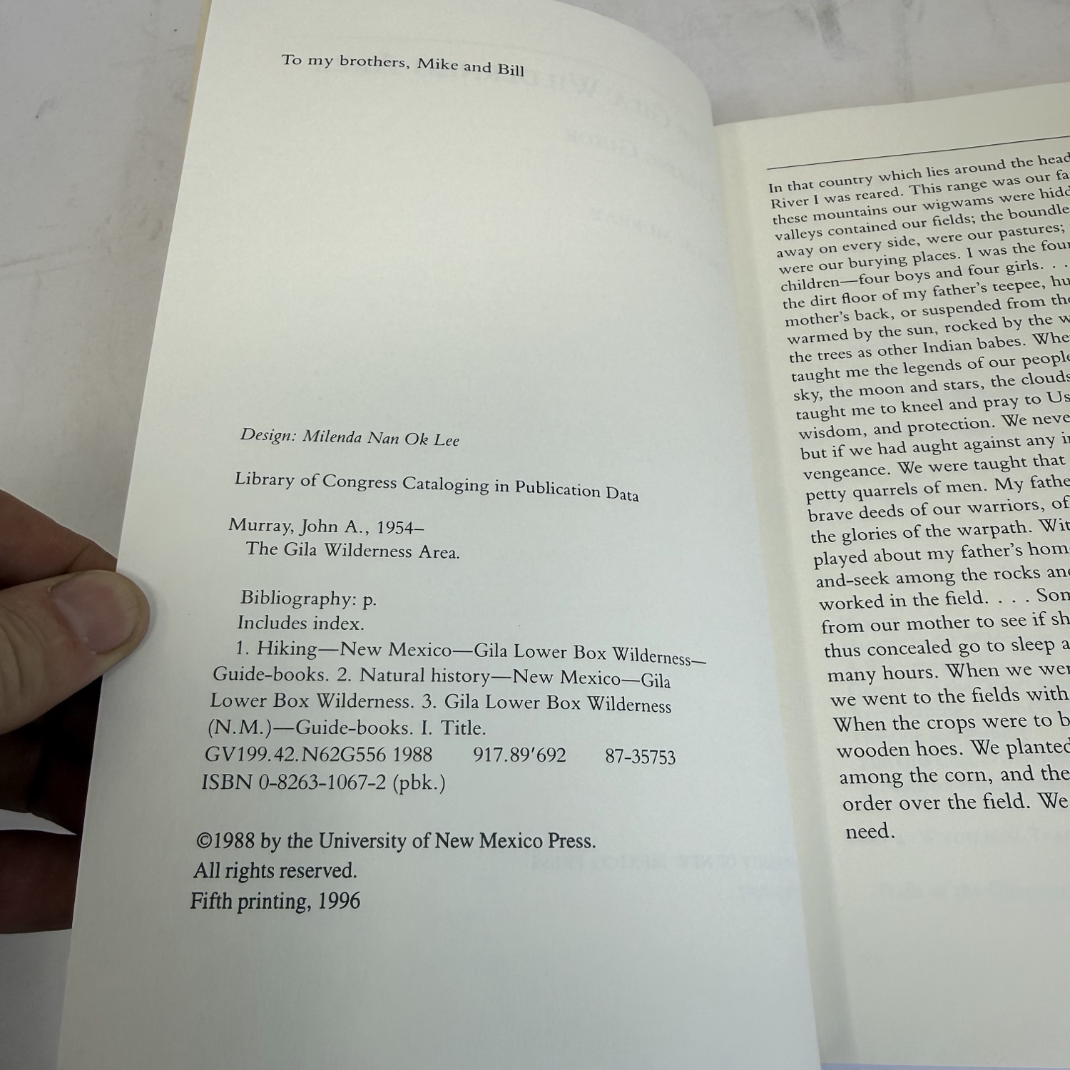 Copyright and dedication spread of The Gila Wilderness A Hiking Guide — UNM Press 1988, fifth printing 1996, ISBN 0-8263-1067-2, design by Milenda Nan Ok Lee, dedicated to my brothers Mike and Bill.