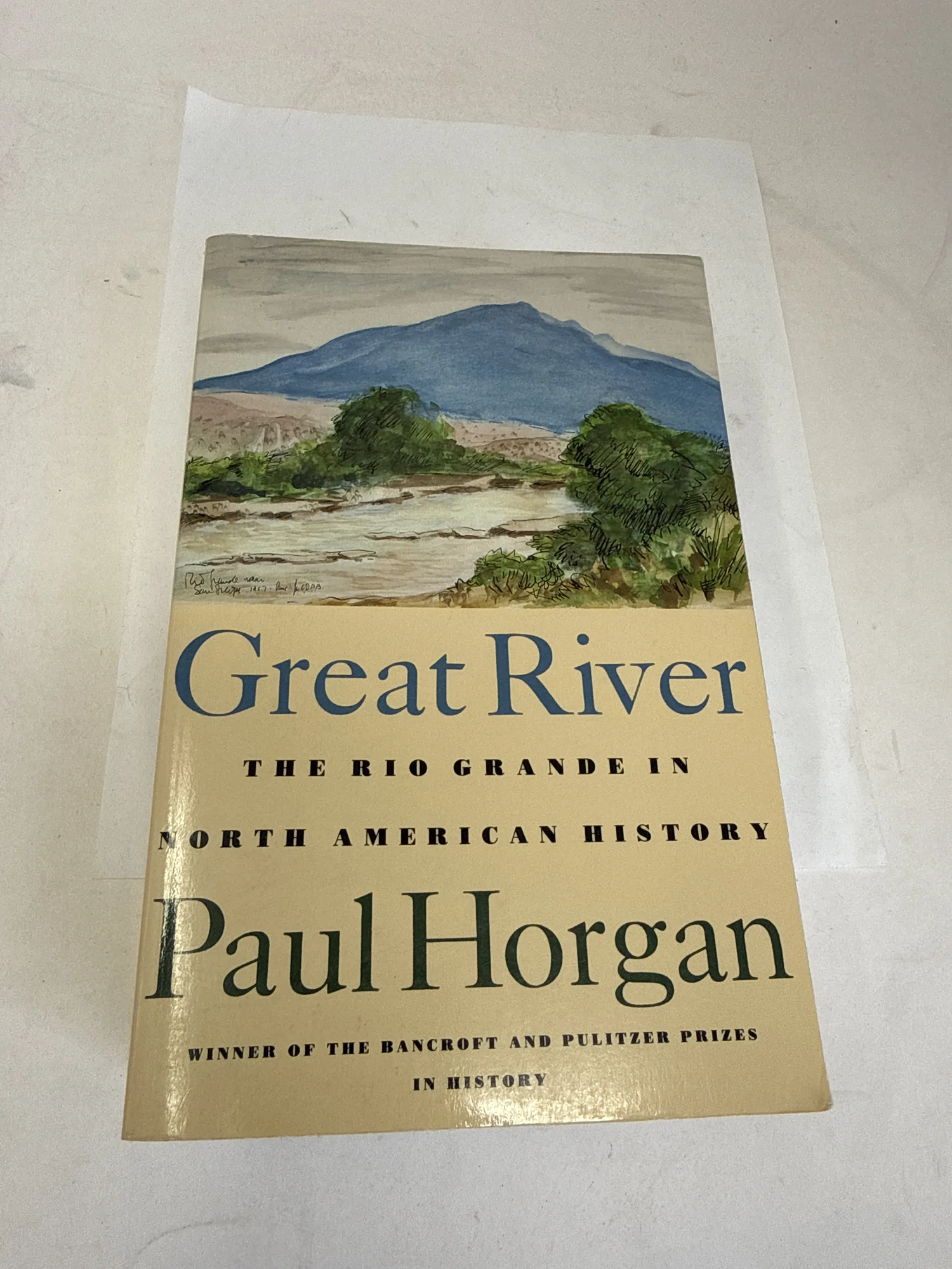 Front cover of Great River: The Rio Grande in North American History by Paul Horgan — watercolor painting of the Rio Grande valley with blue mountains and cottonwood bosque, Winner of the Bancroft and Pulitzer Prizes in History, Wesleyan University Press edition. Photographed at the New Mexico Literacy Project sorting desk in Albuquerque.