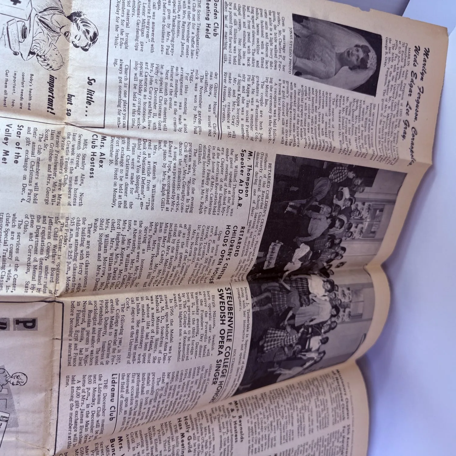Society pages of the Toronto Tribune November 27 1963, showing Steubenville College Swedish Opera Singers group photograph, D.A.R. meeting report with Mrs. M. Thompson speaker, garden club news, Mrs. Alex as club hostess, and community social announcements. Small-town Ohio society news the week of the JFK assassination.
