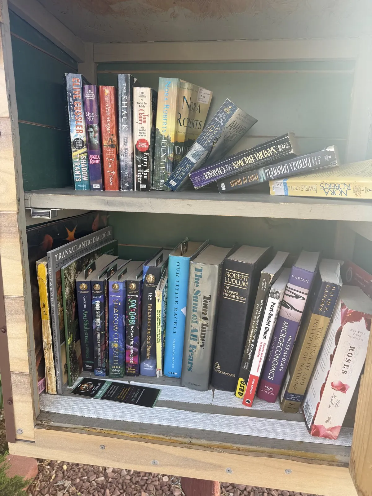 Donated adult fiction stocked at an Albuquerque Little Free Library — the destination for books that pass the hand-sort and go straight to neighborhood readers