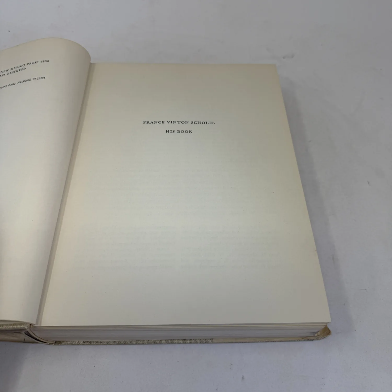 Printed dedication page reading France Vinton Scholes His Book in The Missions of New Mexico, 1776, University of New Mexico Press 1956, photographed at New Mexico Literacy Project