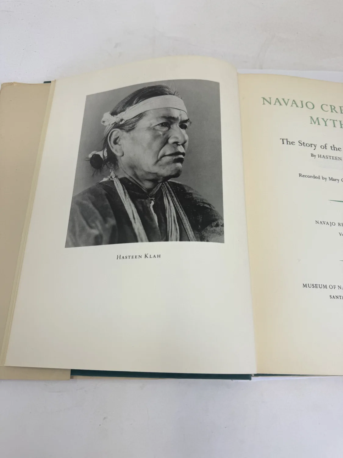 Frontispiece portrait plate of Hasteen Klah in Navajo Creation Myth 1942 Museum of Navajo Ceremonial Art edition, photographed at New Mexico Literacy Project