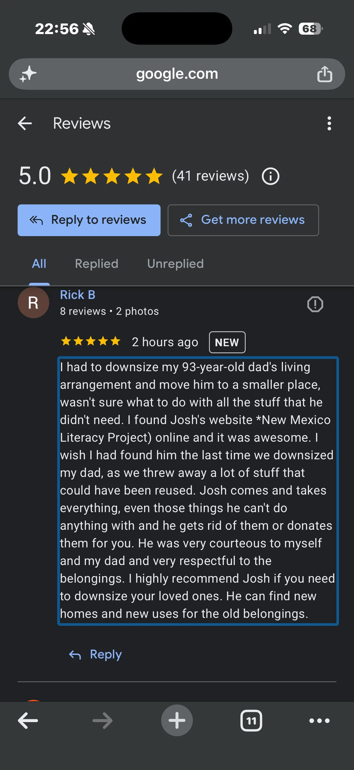Five-star Google review from Rick B describing his experience with Josh Eldred and the New Mexico Literacy Project when downsizing his 93-year-old father's home in Albuquerque — courteous, respectful, takes everything, finds new homes for old belongings