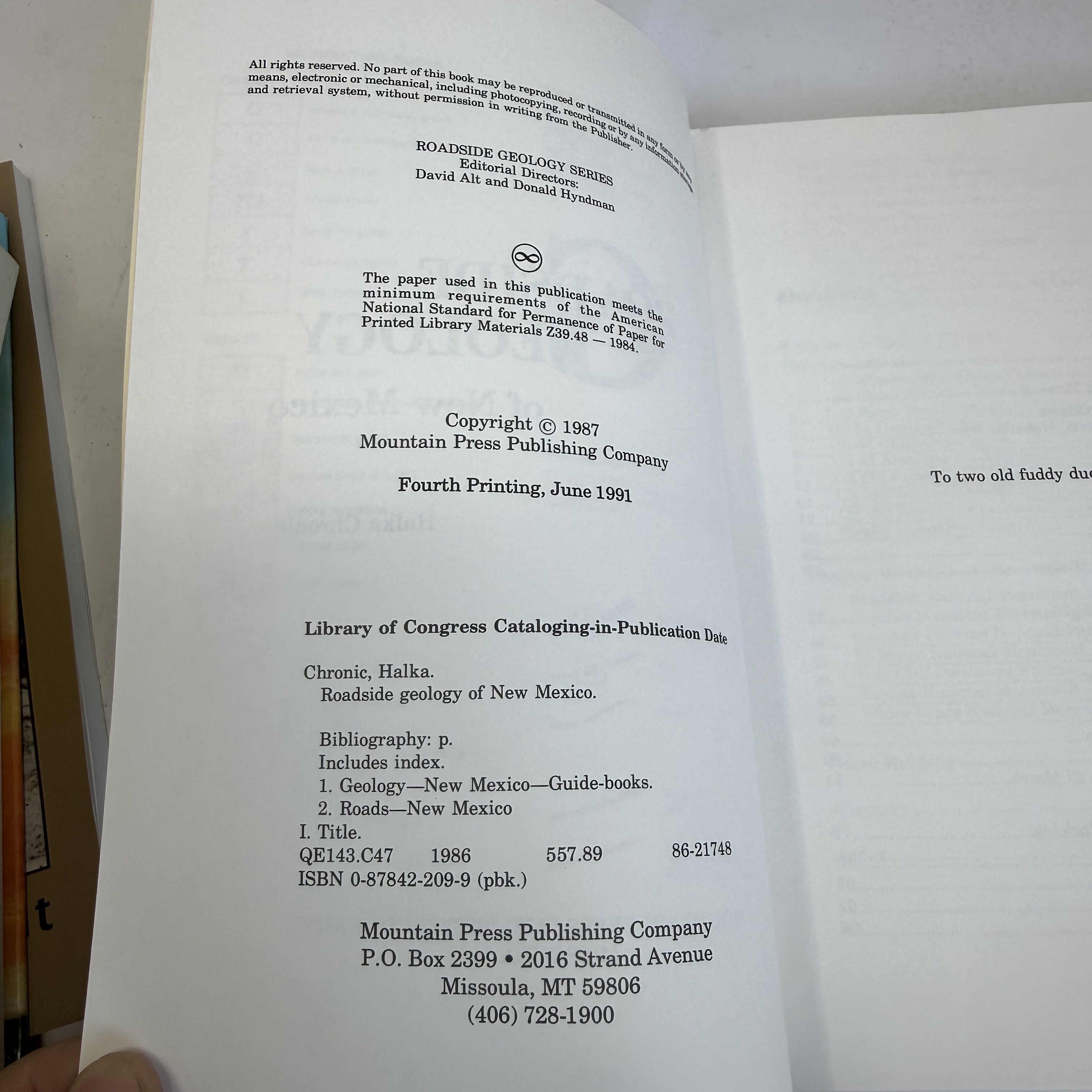 Copyright page of Roadside Geology of New Mexico — Roadside Geology Series editorial directors David Alt and Donald Hyndman. Copyright 1987 Mountain Press Publishing Company. Fourth Printing June 1991. Library of Congress cataloging data. Mountain Press address Missoula Montana.