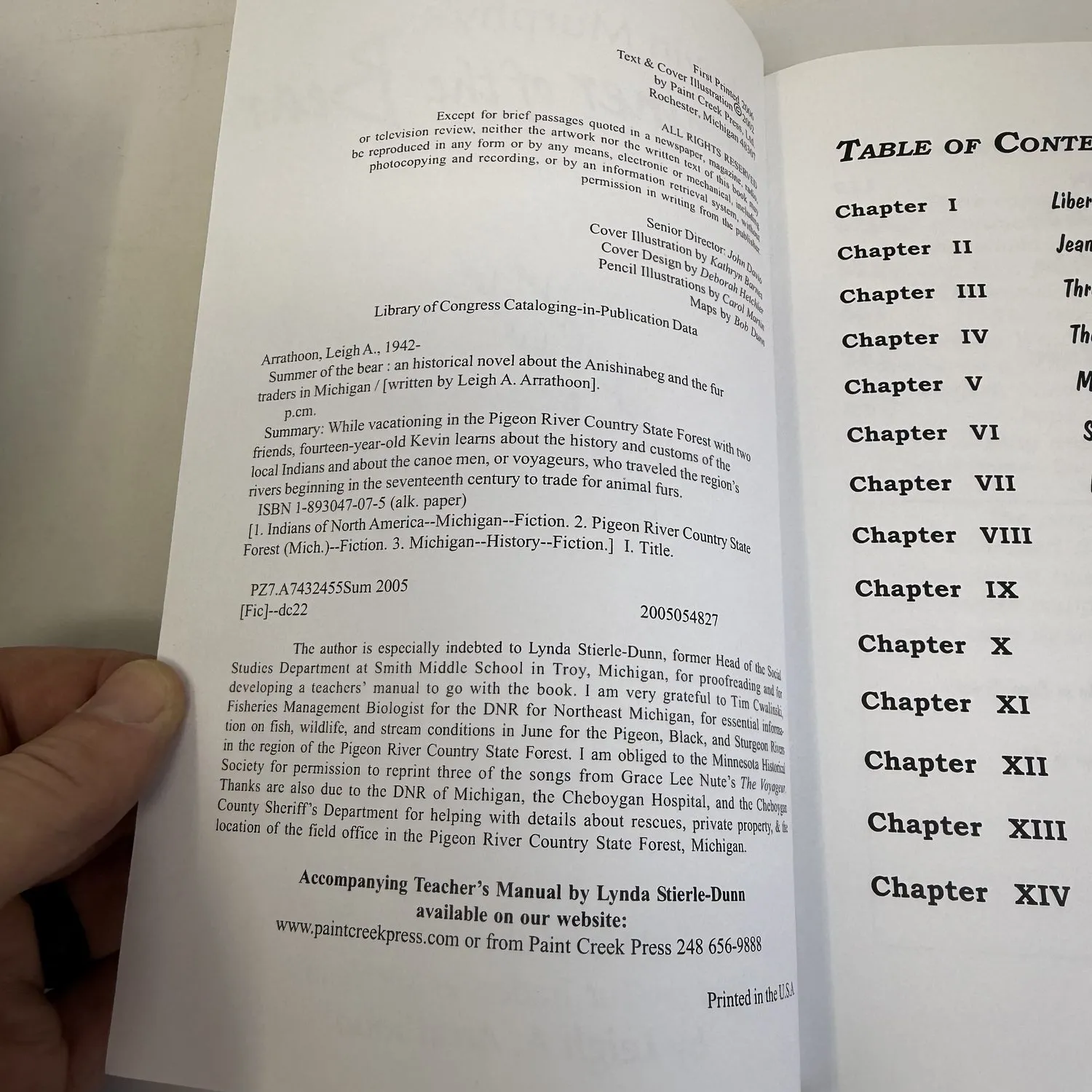 Copyright page showing First Printing Paint Creek Press Rochester Michigan 2005, ISBN 1-893047-07-5, Library of Congress classification PZ7, with table of contents listing chapter titles about Kevin Murphy and the Anishinabeg. Summer of the Bear by Leigh A. Arrathoon.