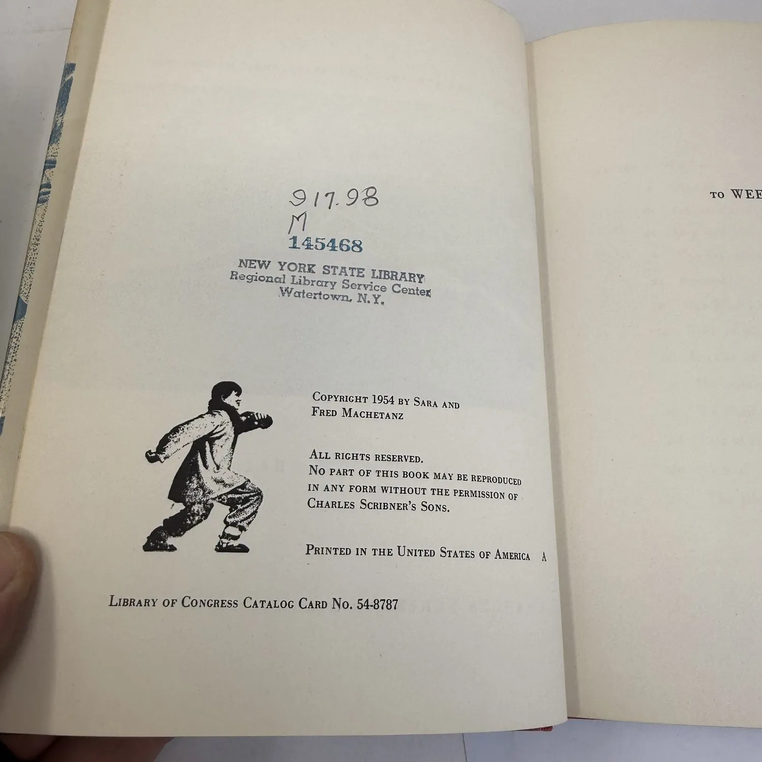 Copyright page of Where Else but Alaska by Sara Machetanz showing Charles Scribner's Sons imprint, Library of Congress Catalog Card Number 54-8787, ex-library stamps from the New York State Library and Regional Library Service Center Watertown New York. 1954 first edition.